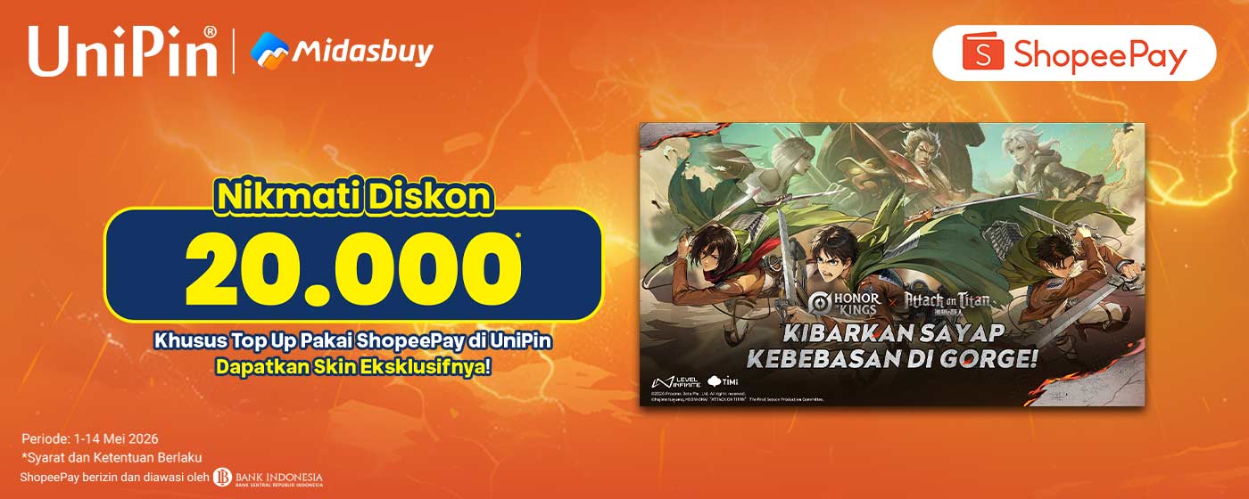 Miliki Skin Eksklusif Honor of Kings x Attack on Titan! Ekstra Diskon 20RB dengan Top Up Pakai ShopeePay!
